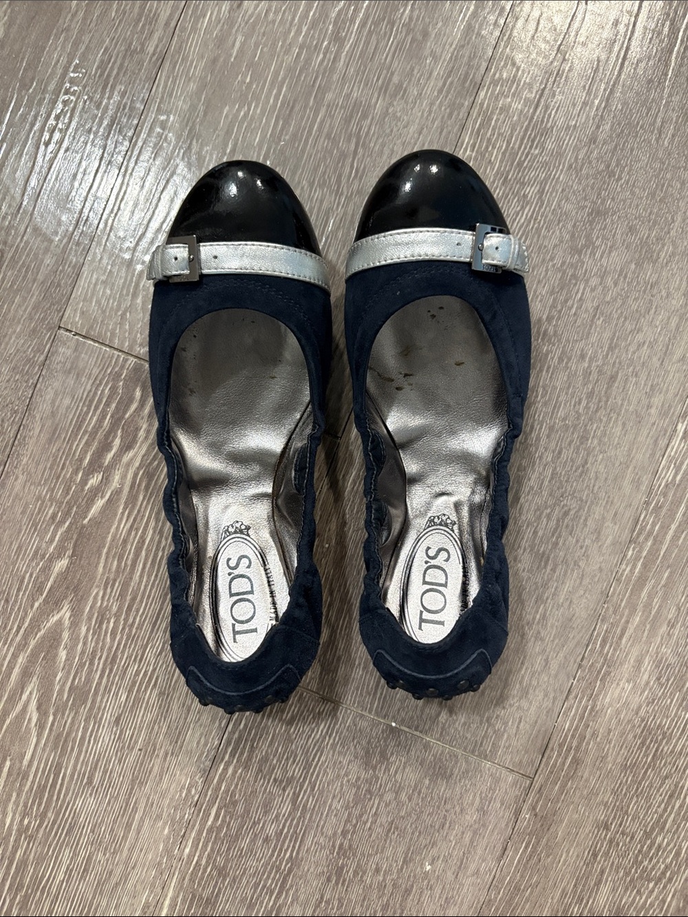 TOD'S Navy and Black Cap-Toe Ballet Flats with Silver Accent